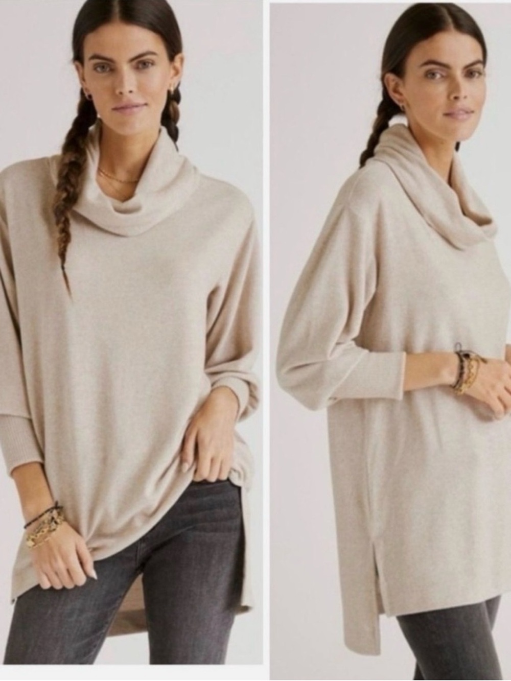 Anthropologie Lightweight Beige Cowl Neck Tunic Sweater